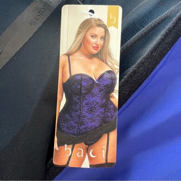NWT Baci Blue/Black Corset with Garter Belt‎ and Thong Panties - 3X (16-20) - Picture 15 of 16